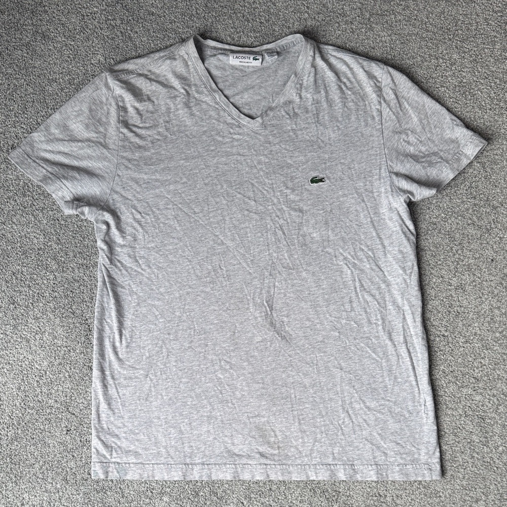 Lacoste Light Gray V-Neck Short Sleeve Tee with Green Crocodile
